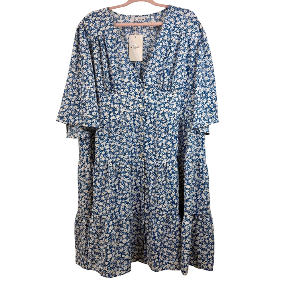 Carrdc Blue Floral Tiered Dress Womens 4X Short Flutter Sleeve Smocked Back New